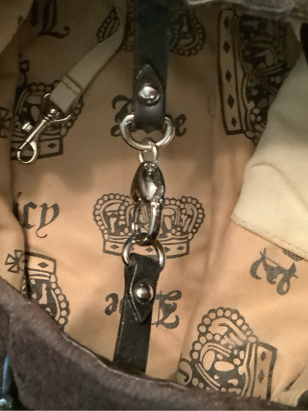 Royal Juicy Couture Black Leather and Thick Brown Velvet Bag with Silver Chain. - Picture 9 of 16